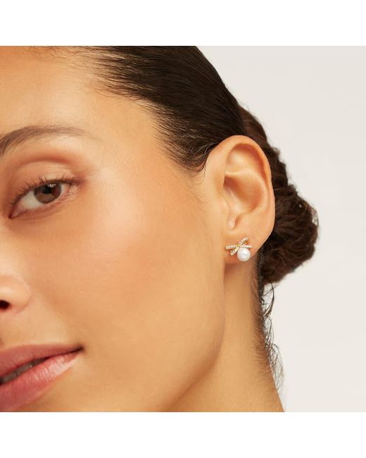 Aspinal Metallic Diamond & Pearl Bow Stud Earrings