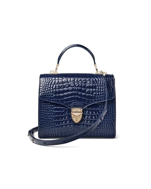 Aspinal Blue Mayfair Dark Leather Crocodile Print Bag