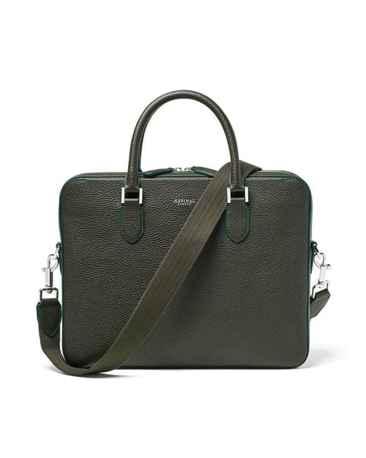 Aspinal Green Slim Leather Briefcase Bag