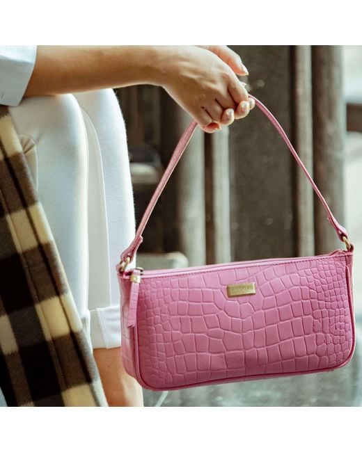 Assots London 'zara' Pink Designer Croc Real Leather Baguette Shoulder Bag  | Lyst