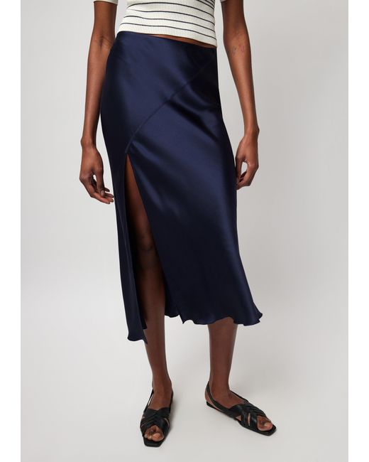 ATM Blue Silk Charmeuse Slit Detail Midi Skirt