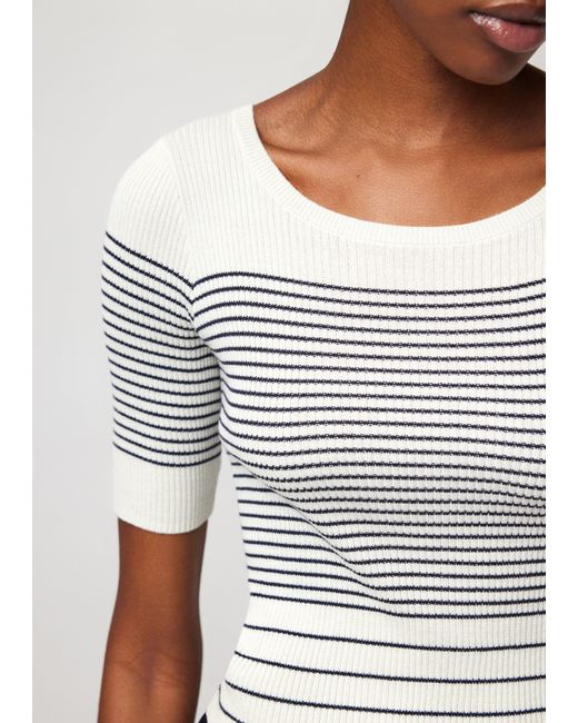 ATM White Silk Cotton Blend Mixed Stripe Crew Neck Sweater