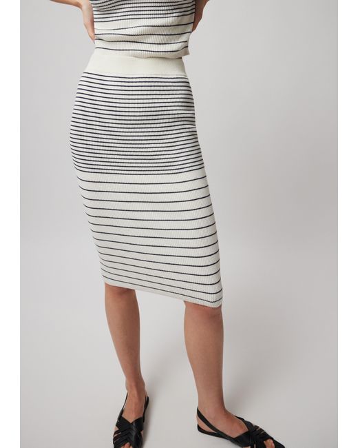 ATM White Silk Cotton Blend Mixed Stripe Midi Skirt