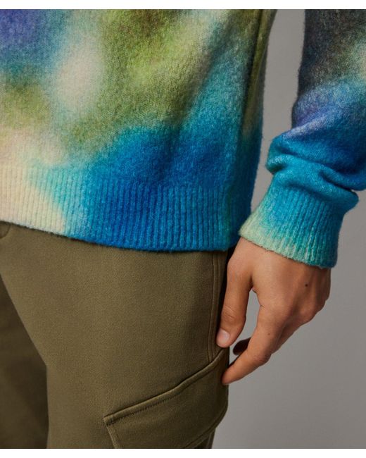 ATM Blue Wool Blend With Watercolor Print Long Sleeve Crew Neck Sweater for men