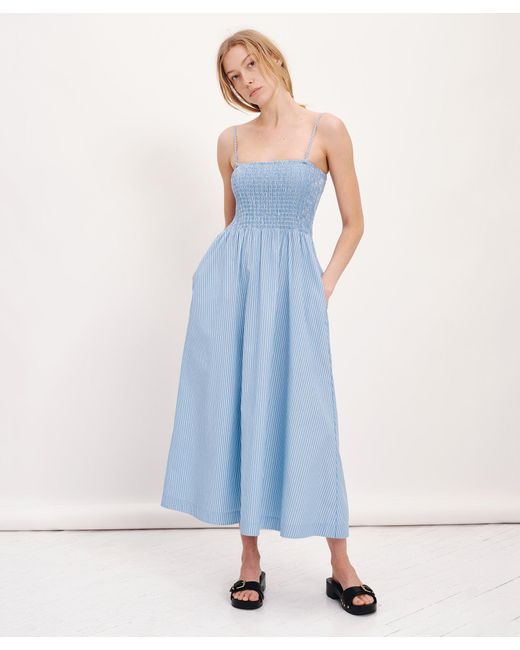ATM Blue Superfine Twill Stripe Smocked Dress