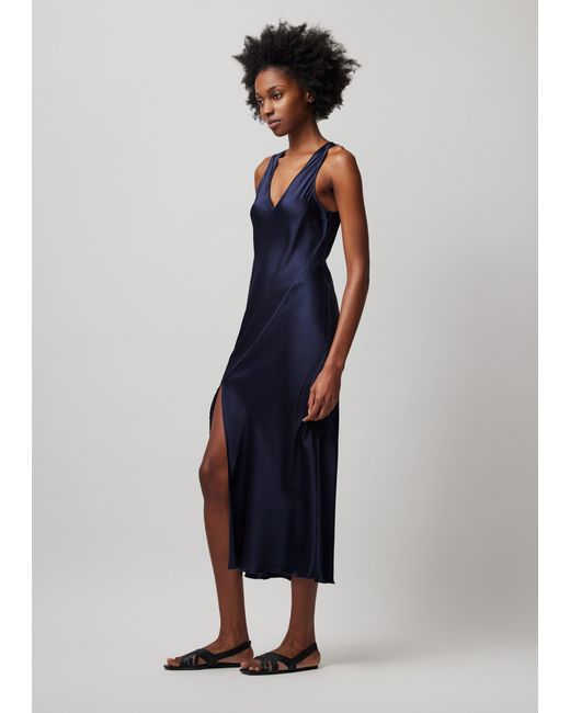 ATM Blue Silk Charmeuse Slit Detail Bias Midi Dress