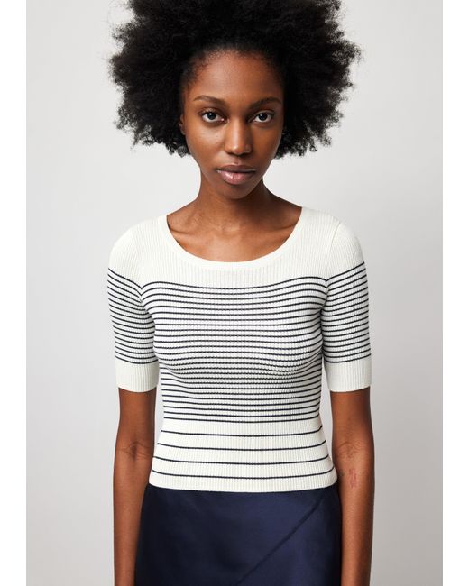ATM White Silk Cotton Blend Mixed Stripe Crew Neck Sweater