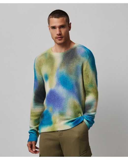 ATM Blue Wool Blend With Watercolor Print Long Sleeve Crew Neck Sweater for men