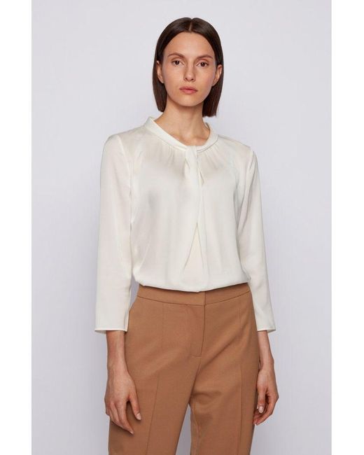 BOSS by HUGO BOSS Iyabo2 Tie Neck Silk Blouse in White (Brown) - Save 50% -  Lyst