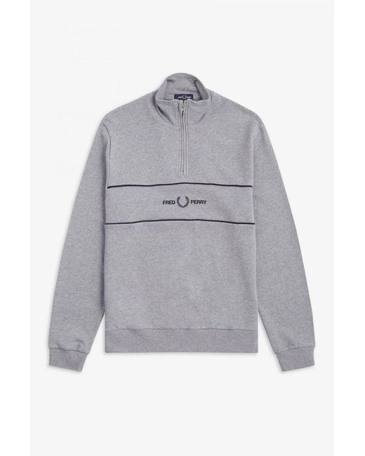 fred perry embroidered panel half zip sweat in grey