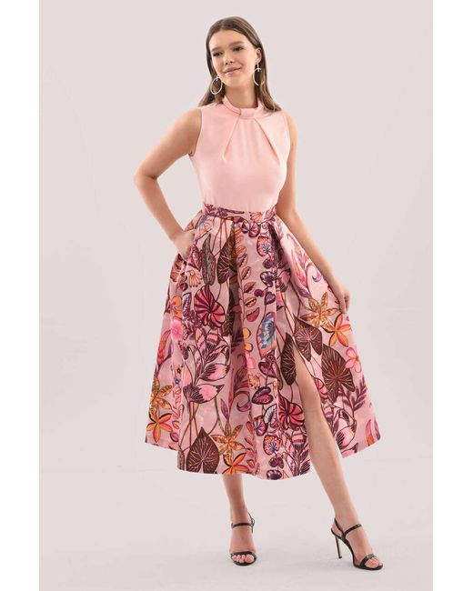 Gold Blush Floral Full Skirt Midi Dress 
