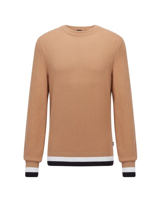 BOSS by HUGO BOSS Boss - Ecaio Beige Crew Neck Sweater In Structured Cotton  With Stripe Detail 50468190 260 for Men | Lyst