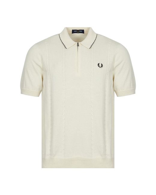 Fred Perry Cable Zip Neck Polo in White 