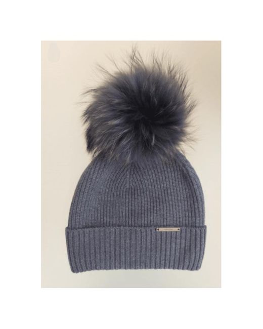 BKLYN Ribbed Fur Pom Pom Hat in Blue - Lyst