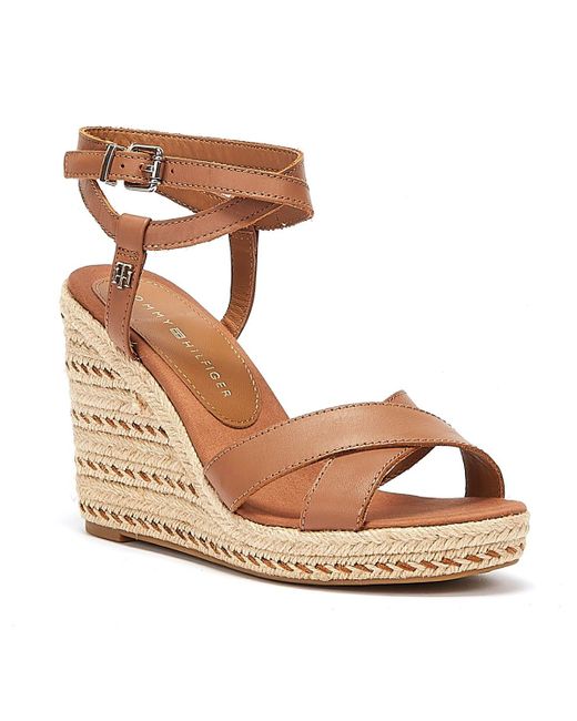 Tommy Hilfiger Leather Feminine High Wedge Sandal Wedges in Brown | Lyst