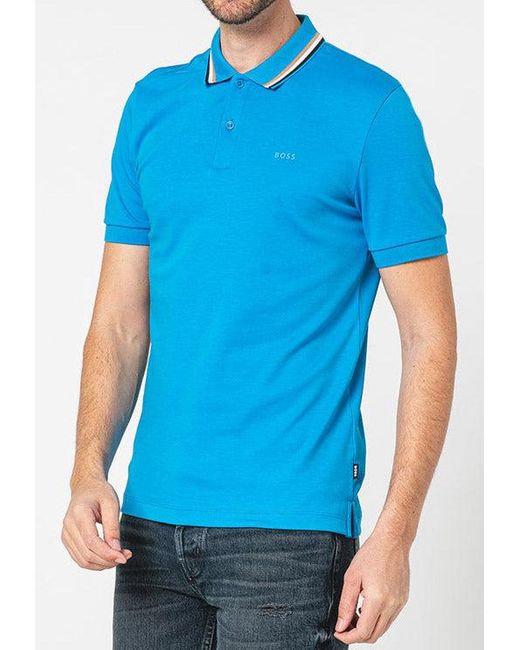 BOSS by HUGO BOSS Boss - Penrose 38 Bright Slim-fit Cotton Polo Shirt With  Striped Collar Detail 50469360 439 in Blue for Men | Lyst