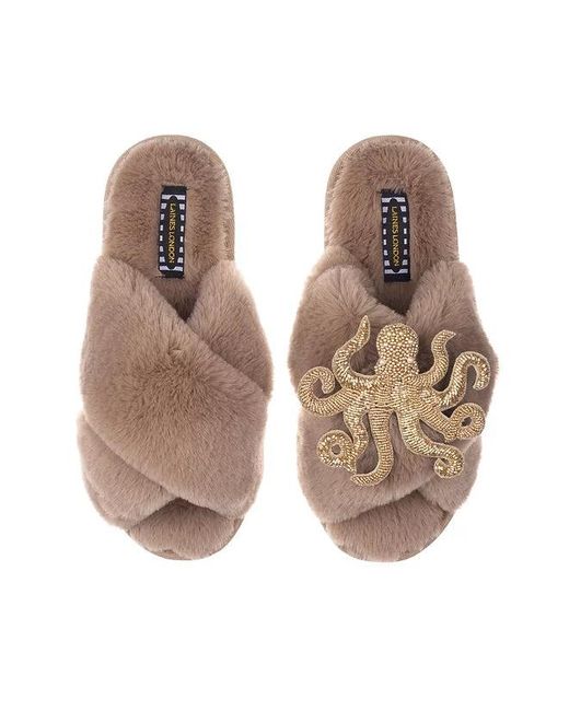 Laines London Toffee Slippers With Gold Octopus in Brown Lyst