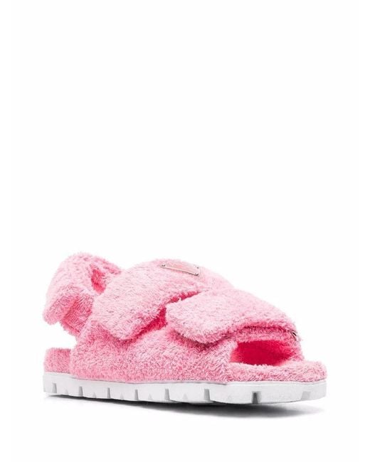 Prada Triangle Logo Shearling Sandals in Pink - Lyst