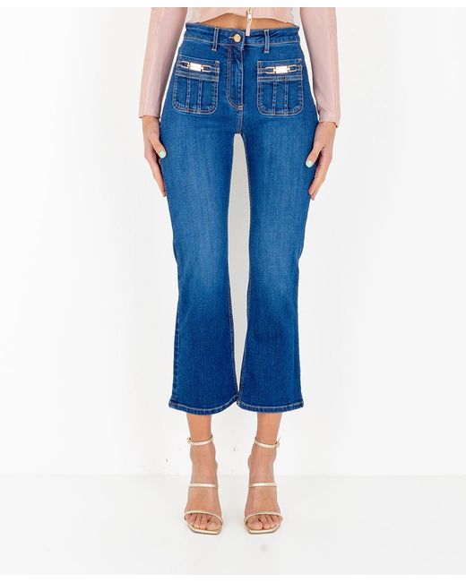 Elisabetta Franchi Denim Jeans Con Placche Logo Oro Pj38s21e2 in Blue | Lyst
