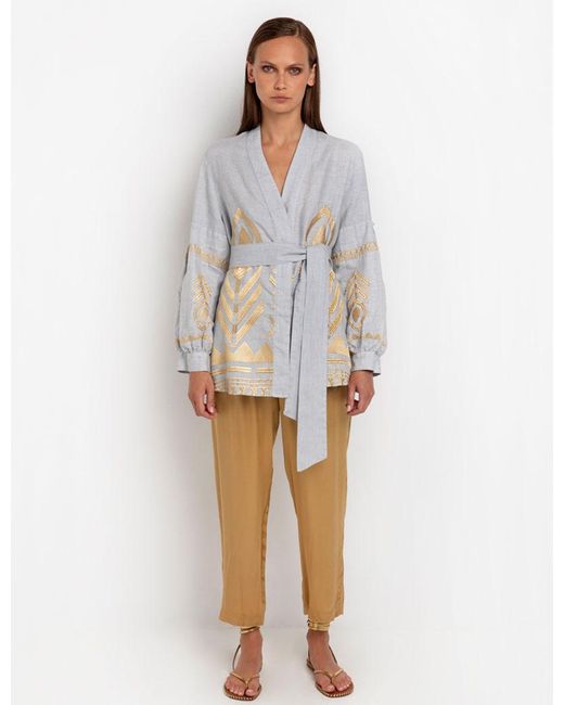 Greek Archaic Kori Kori Feather Short Linen Kimono in Blue,Grey (White