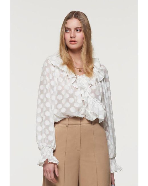 Palones Satin Spot Ruffle Neck Blouse in White - Lyst