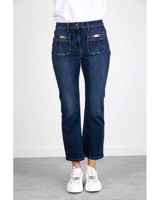 Elisabetta Franchi Denim Jeans Con Placche Logo Oro in Blue | Lyst