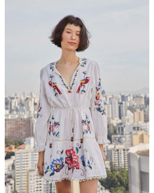 FARM Rio The Macaw Cross Stitch Embroidered Mini Dress in White | Lyst