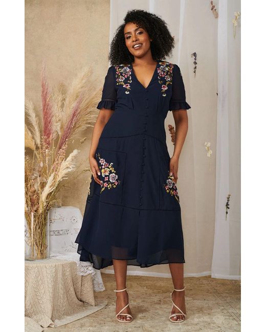Hope & Ivy Synthetic Wo Navy The Claudine V Neck Button Front Maxi Dress in Blue,Floral (Blue 
