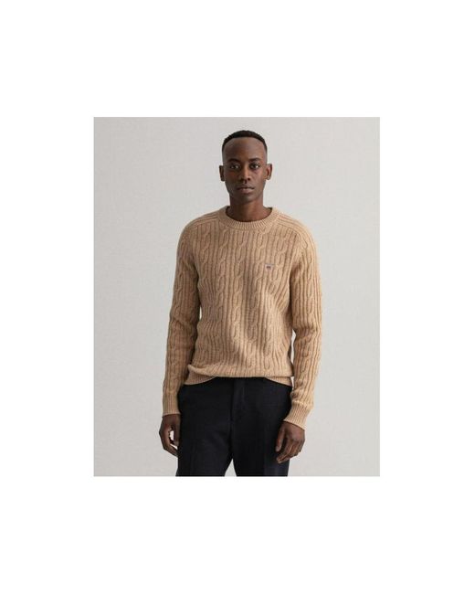 GANT Lambswool Cable Crew Neck Sweater S in Brown for Men - Lyst