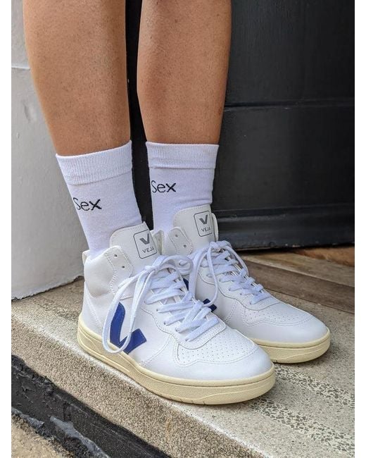 Veja Cotton V15 Cobalt Vegan Hitop Sneakers in White Lyst