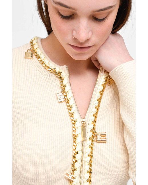 Elisabetta Franchi Cardigan In Maglia Con Applicazioni Dorate in Natural |  Lyst