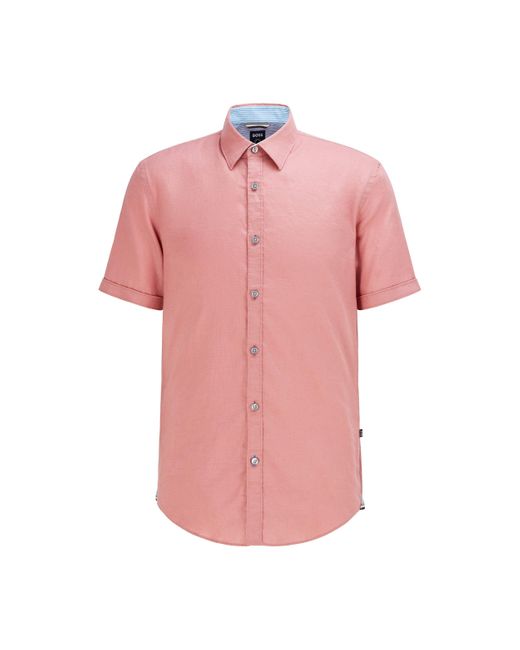 BOSS by HUGO BOSS Linen Hugo - Short Sleeved Slim Fit Shirt In Stretch Line  in Pink for Men | Lyst UK