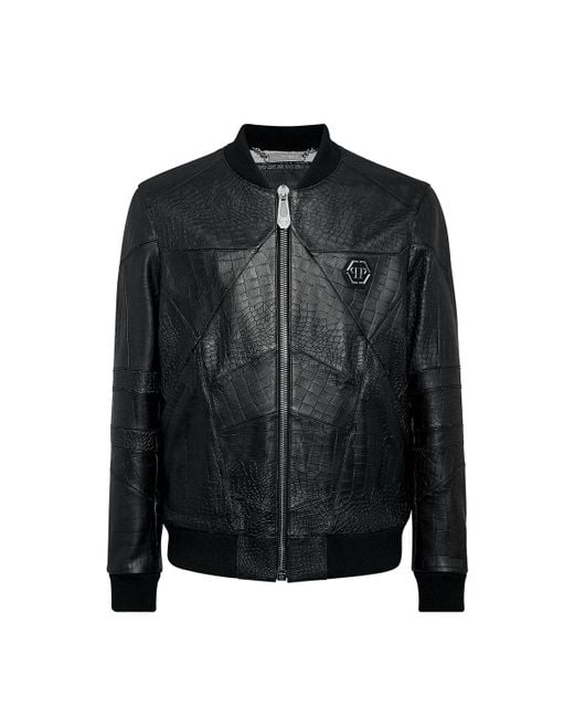 Philipp Plein Cocco Print Leather Jacket in Black for Men | Lyst