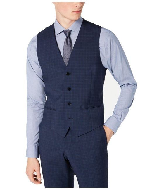 BOSS by HUGO BOSS Suit Vest 42 Windowpane Plaid Print Wool in Blue for
