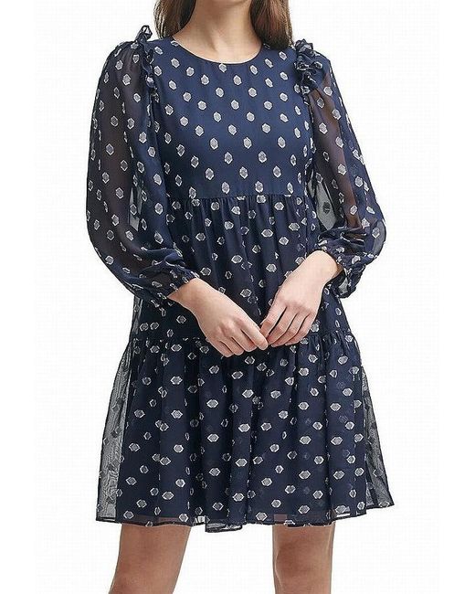 Calvin Klein Synthetic Dress Navy 0p Petite Polkadot Aline in Blue Lyst