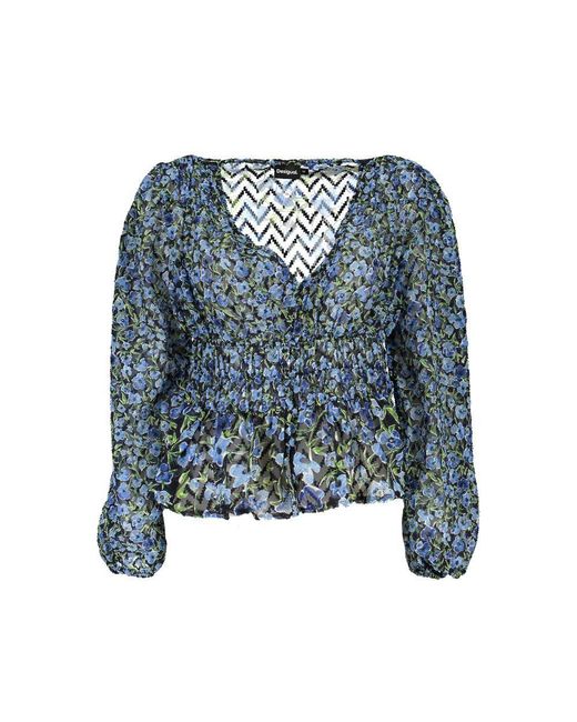 Desigual Blue Floral Print Smocked Blouse