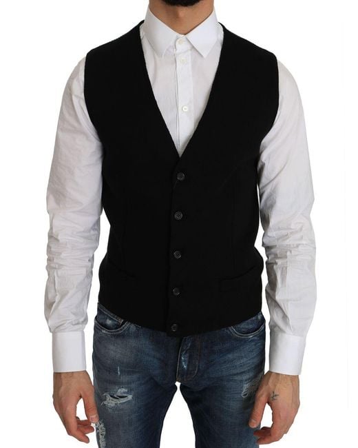 Dolce & Gabbana Black Wool Vest Vneck for men