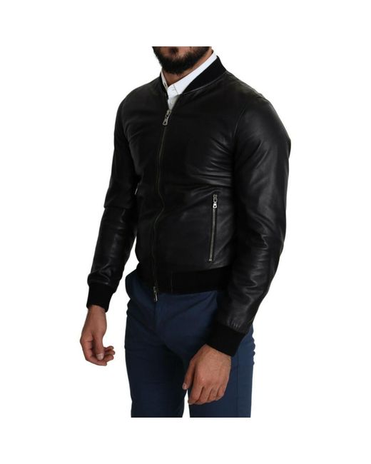 Dolce & Gabbana Black 100% Leather Full Zip Bomber Jacket for Men | Lyst