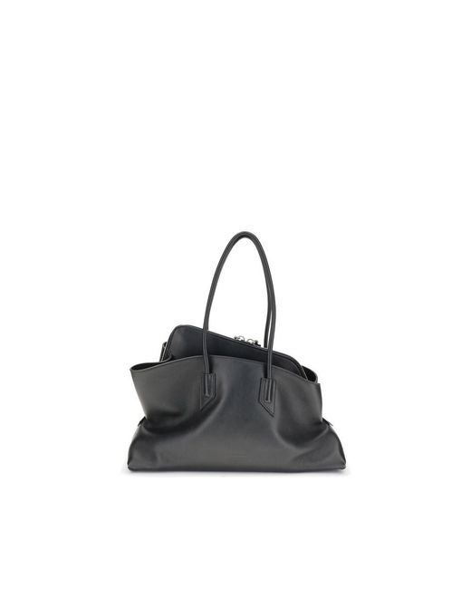 The Attico Black La Passeggiata Leather Shoulder Bag With Top Handles And Monogram Detail