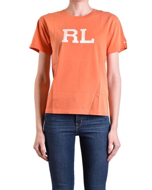 Ralph Lauren Orange Printed Short Sleeve Cotton T-Shirt With Round Neck