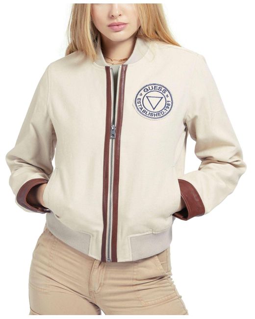Guess Cotton Bomber Jacket Ecru Size Medium M Leathertrim in Brown Lyst