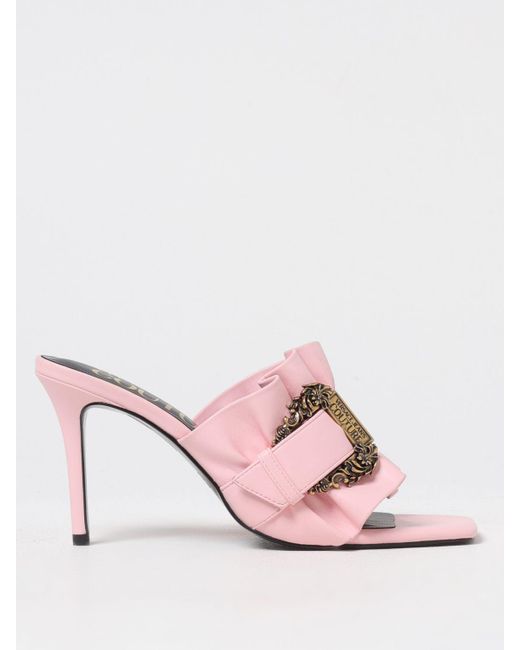 Versace Pink Ruffled Leather Mules High Heel Buckle