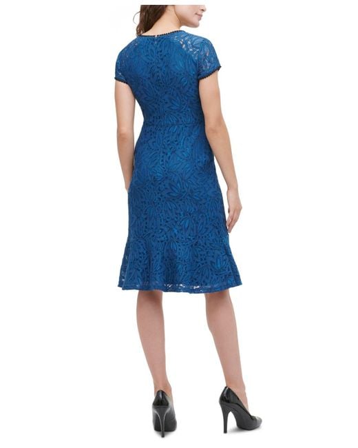 kensie Printed Lace-Trim Dress Blue Multi XS