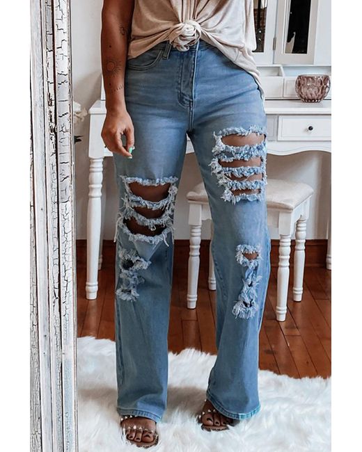 Denim High Waist Ripped Flare Leg Jeans 