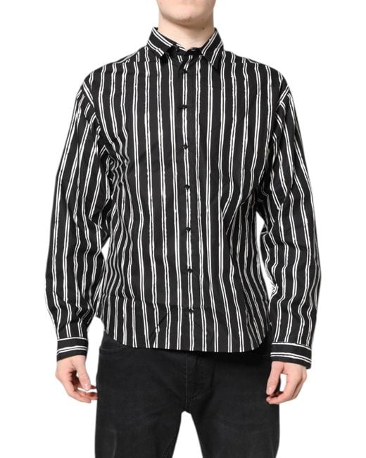 Dolce & Gabbana Black White Striped Cotton Dress Shirt for men