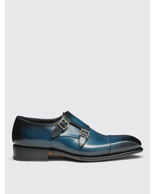 Santoni Blue Double Monk Strap Leather Shoes for men