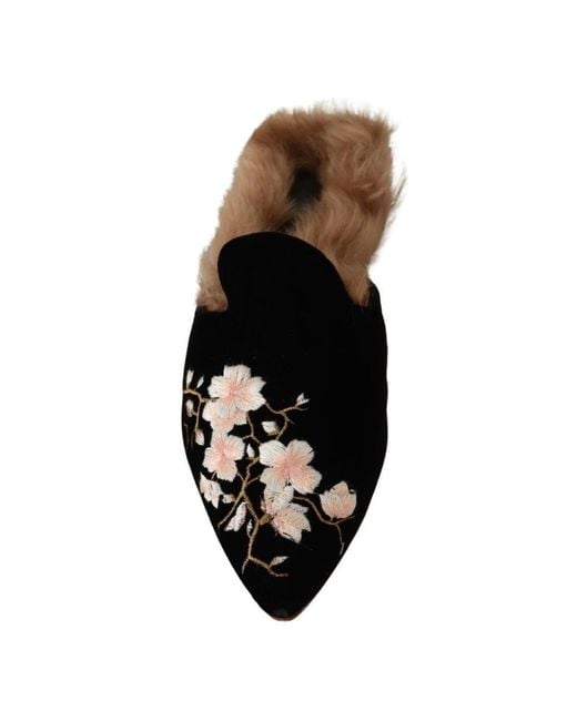 GIA COUTURE Black Velvet Floral Fur Slip On Flats Shoes | Lyst