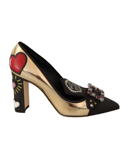 Dolce & Gabbana Gold Black Leather Crystal Heart Pumps | Lyst