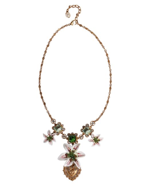 Dolce & Gabbana Metallic Brass Lily Crystal Sacred Heart Pendant Necklace