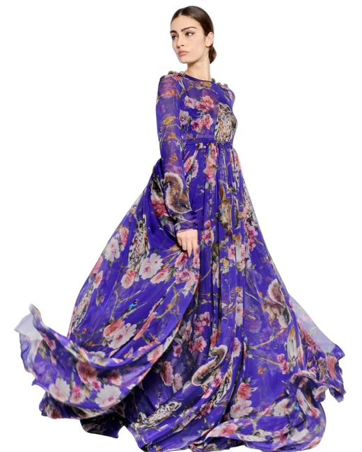 Dolce & Gabbana Purple Floral Printed Silk Chiffon Dress